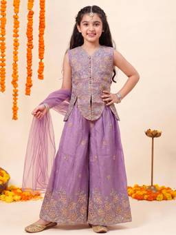FASHION DREAM - Girls Purple Floral Embroidered Top and Palazzo With Dupatta