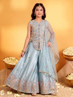 FASHION DREAM - Girls Sky Blue Floral Embroidered Top with Palazzo and Dupatta