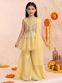 FASHION DREAM - Girls Yellow Bead Embroidery Peplum Kurti and Palazzo with Dupatta