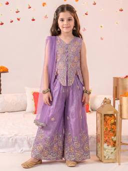 FASHION DREAM - Girls Purple Floral Embroidered Top and Palazzo With Dupatta