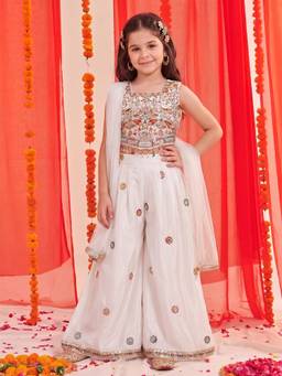 FASHION DREAM - Girls Off White Embroidered Crop Top and Palazzo with Dupatta