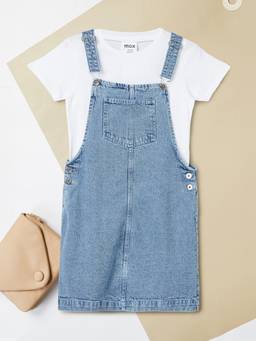 max - Girls Washed Denim Pinafore Dress with T-shirt-Blue