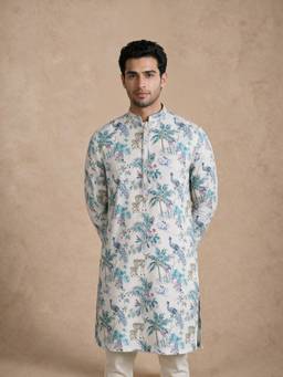 Manyavar - Cream Blended Cotton Printed Kurta for Men