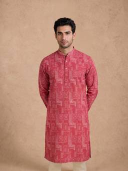 Manyavar - Pink Blended Cotton Printed Kurta for Men