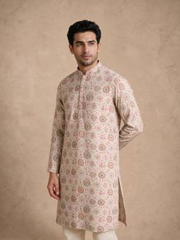 Manyavar - Beige Blended Cotton Embroidery Kurta for Men