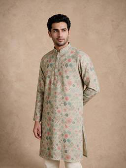 Manyavar - Green Blended Cotton Embroidery Kurta for Men