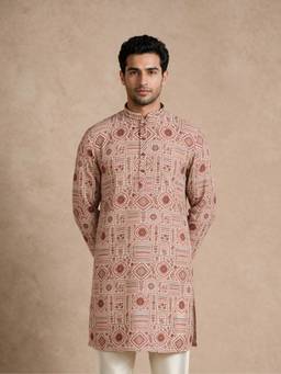Manyavar - Beige Blended Cotton Embroidery Kurta for Men