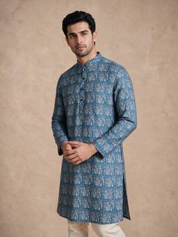 Manyavar - Blue Blended Cotton Printed Kurta for Men