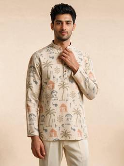 Manyavar - Cream Blended Cotton Printed Short Kurta for Men