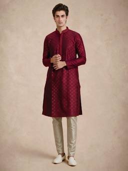 Manyavar - Maroon Blended Viscose Printed Kurta & Pyjama for Men