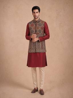 Manyavar - Maroon Blended Viscose Embroidery Kurta & Jacket with Pant for Men