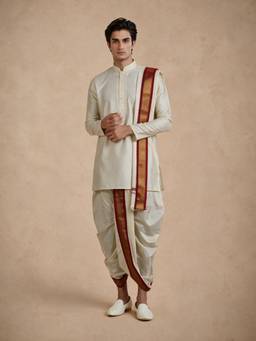 Manyavar - Cream Art Silk Solid Kurta & Pancha with Dupatta for Men