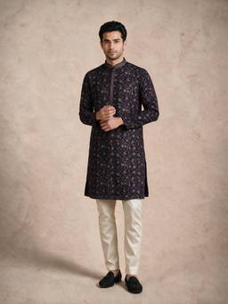 Manyavar - Navy Blue Georgette Embroidery Kurta & Pyjama for Men