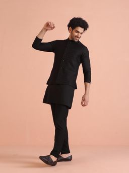 KISAH - Men Black Jacquard Kurta Jacket Trouser (Set of 3)
