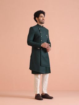 KISAH - Men Green Solid Dyed Kurta Indowestern Sherwani Trouser (Set of 3)
