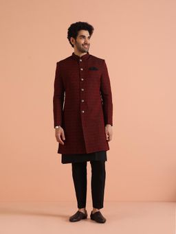 KISAH - Men Maroon Woven Design Floral Indowestern Sherwani with Kurta Trouser (Set of 3)