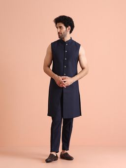 KISAH - Men Navy Blue Solid Long Ethnic Jacket Trouser (Set of 2)