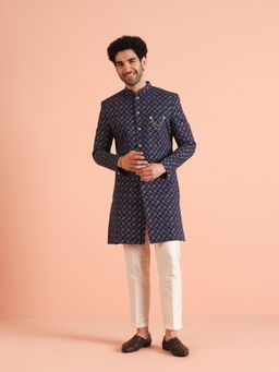 KISAH - Men Navy Blue Printed Abstract Indowestern Sherwani Trouser (Set of 2)