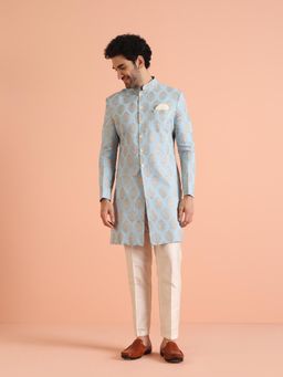 KISAH - Men Blue Printed Ethnic Motifs Indowestern Sherwani Trouser (Set of 2)