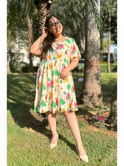 Studio Rabha - Cream Floral Cotton Square Neck Dress