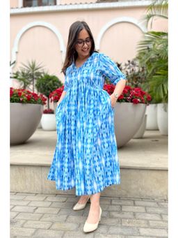 Studio Rabha - Blue Cherry Cotton V-Neck Dress