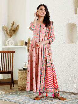 Rustorange - Baby Pink Floral Long Kurta Dress With Dupatta (Set of 2)