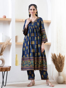 Rustorange - Indigo Floral Kurta Pant (Set of 2)