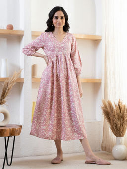 Rustorange - Baby Pink V Neck Front Gathered Dress