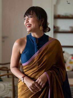 Suta - Women Gold and Navy Blue Cotton Handloom Saree Without Blouse