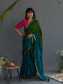 Suta - Women Green and Teal Colorblock Cotton Saree Without Blouse