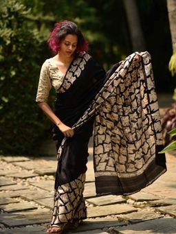 Suta - Women Black Pure Silk Printed Saree with Unstitched Blouse