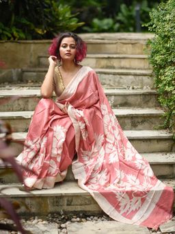 Suta - Women Peach Pure Silk Floral Printed Saree with Unstitched Blouse