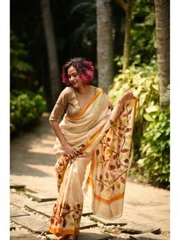 Suta - Women Beige Pure Silk Printed Saree with Unstitched Blouse
