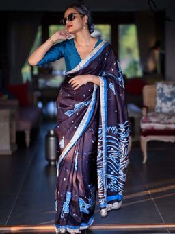 Suta - Women Navy Blue Pure Silk Printed Saree with Unstitched Blouse