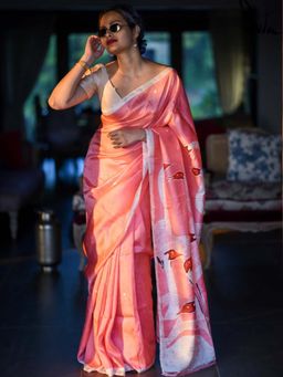 Suta - Women Pink Pure Silk Printed Saree with Unstitched Blouse