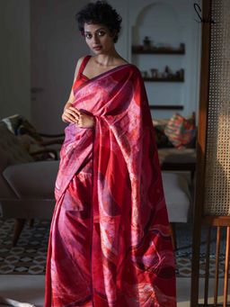 Suta - Women Red Silk Printed Saree with Unstitched Blouse