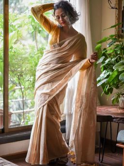 Suta - Women Beige Cotton Printed Saree with Unstitched Blouse
