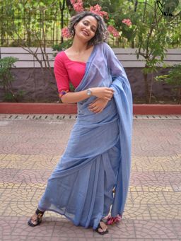 Suta - Women Blue Cotton Solid Saree Without Blouse