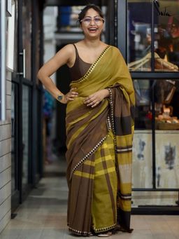 Suta - Women Olive Cotton Woven Handloom Saree Without Blouse