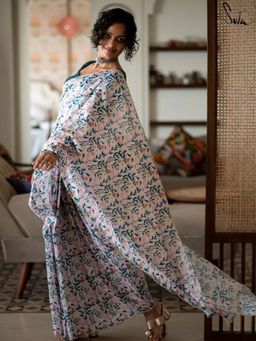 Suta - Women Off White Cotton Printed Sequined Border Saree with Unstitched Blouse