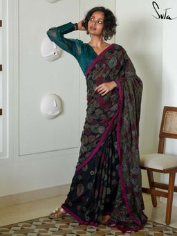 Suta - Women Black Cotton Embroidered Saree Without Blouse