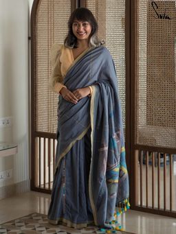 Suta - Women Grey Cotton Embroidered Saree Without Blouse