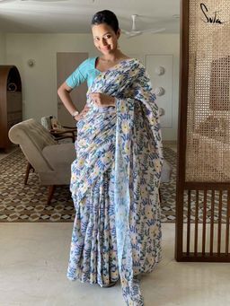 Suta - Women White Cotton Floral Printed Saree Without Blouse