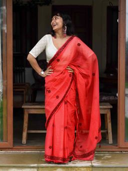 Suta - Women Red Cotton Embroidered Saree Without Blouse