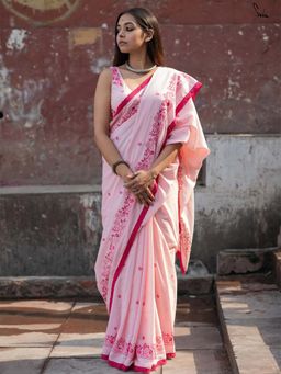 Suta - Women Pink Cotton Embroidered Saree Without Blouse