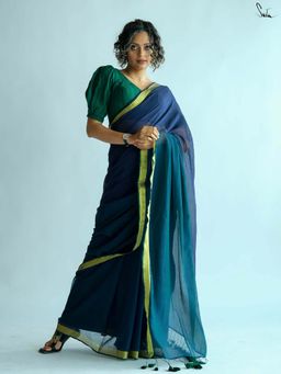 Suta - Women Teal Cotton Woven Saree Without Blouse