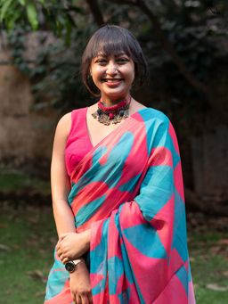 Suta - Women Blue and Pink Cotton Printed Saree Without Blouse