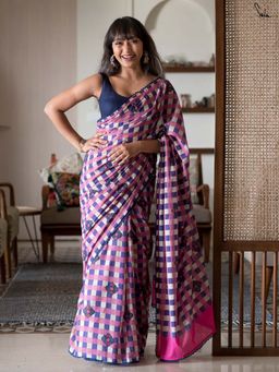Suta - Women Pink Cotton Checks Printed Saree Without Blouse