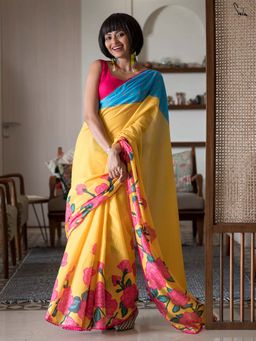 Suta - Women Yellow Cotton Floral Printed Saree Without Blouse