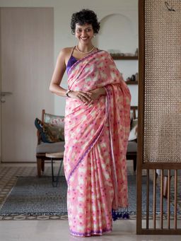 Suta - Women Pink Cotton Printed Saree Without Blouse